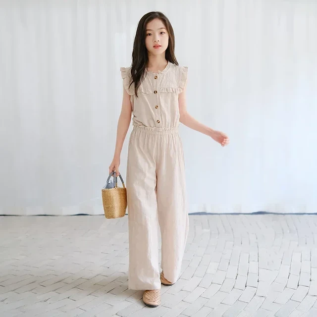 Jumpsuits For Girls Summer New Teenager Wide Leg Sleeveless Loose Overalls Cotton Kids Clothes Apricot Children s Bodysuits 14 Y Kids Jumpsuits Playsuits Bodysuits AliExpress