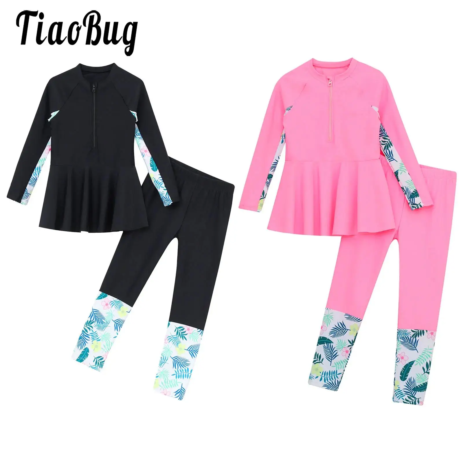 Costume da bagno con stampa floreale per bambina costume da bagno Rash Guard Set 2 pezzi Top e pantaloni con volant a maniche lunghe costume da surf