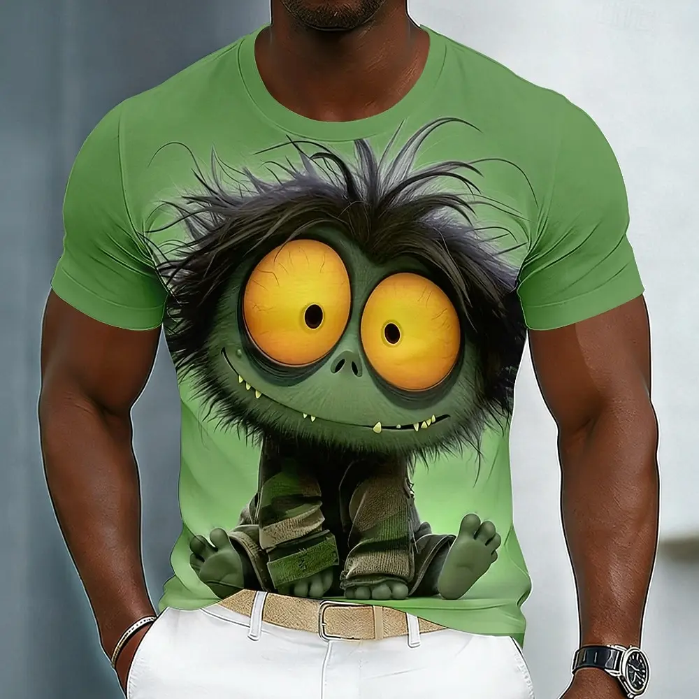 Men's 3D Cute Big Eyes Monster Print T-Shirt Furry Cartoon Creature Funny Graphic Crew Neck Short Sleeve Tee