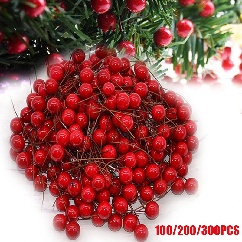 100/200/300PCS Christmas Red Holly Berries Artificial Flowers Stamens Foam Berry Cherry For DIY Xmas New Year Wreath Gifts Decor