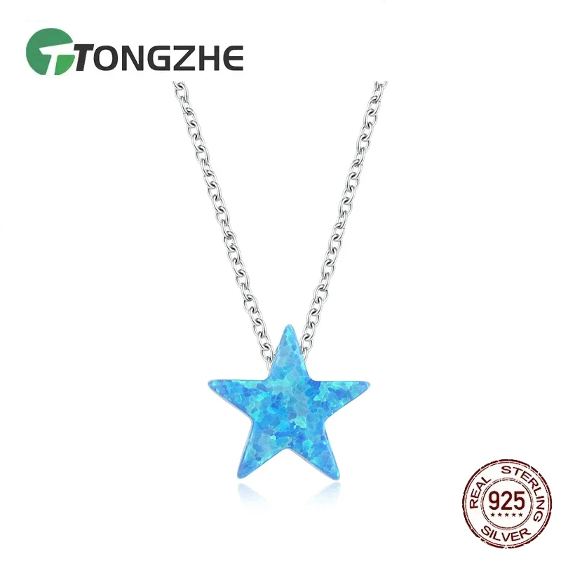 

TONGZHE Fashion Long Necklaces Luxury Star Pink Blue Opal Pendant Necklace Woemen 925 Sterling Silver Jewelry