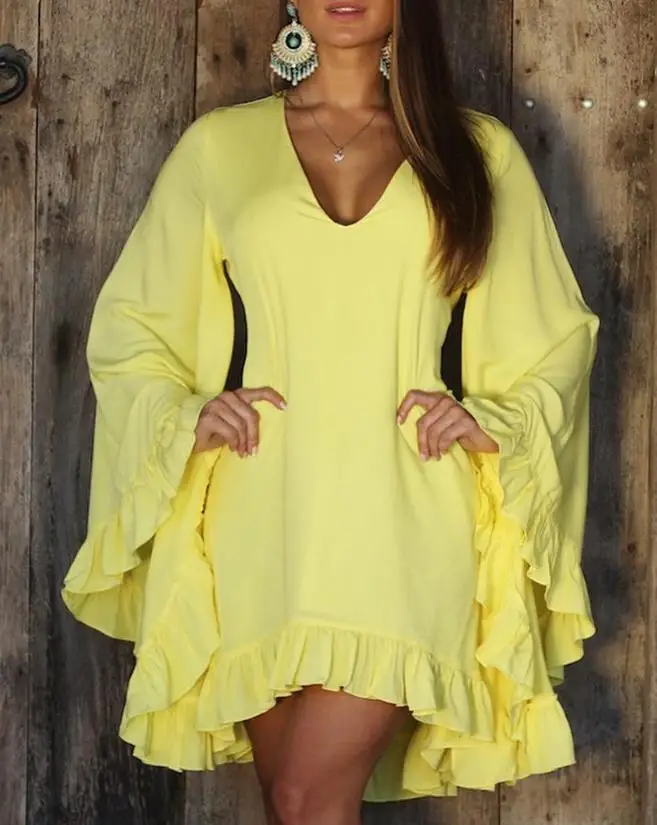 

Solid Color Long Sleeved Short Skirt with Ruffled Edges, Bat Sleeve V-Neck, Waistband, Casual Style, Large Skirt Hem Dress