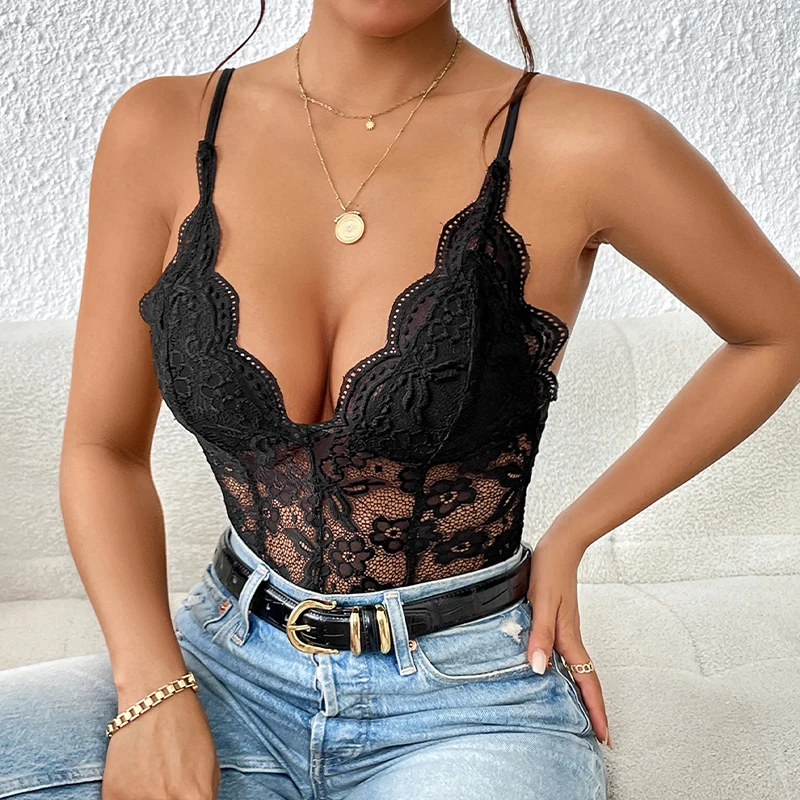 Women Snap Crotch Lingerie Sexy Lace Bodysuit Deep V Teddy One Piece Lace Babydoll Nightwear Club Summer Clothes