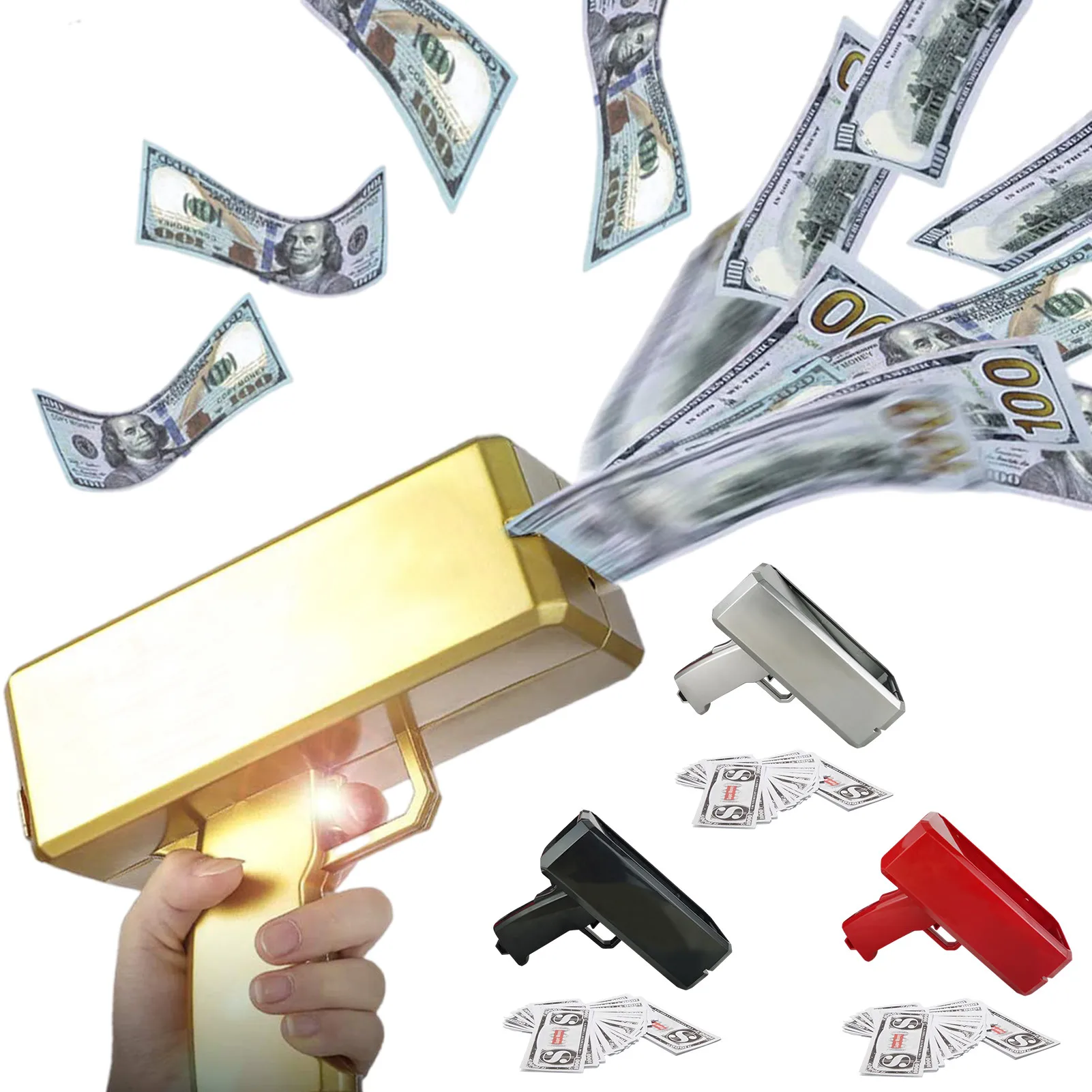 Pistolet à Billets LED – Money Gun Avec 100 Faux Billets, Effet Pluie D’argent, Moteur Rapide, Fête, Mariage, Jeu