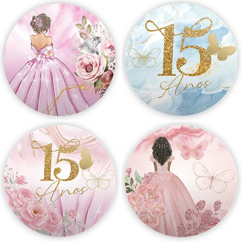 

Фон Mehofond Quinceañera, 15-е платье принцессы, цветок, бабочка, милая девушка, декор на день рождения, фон, круглая крышка для фотостудии