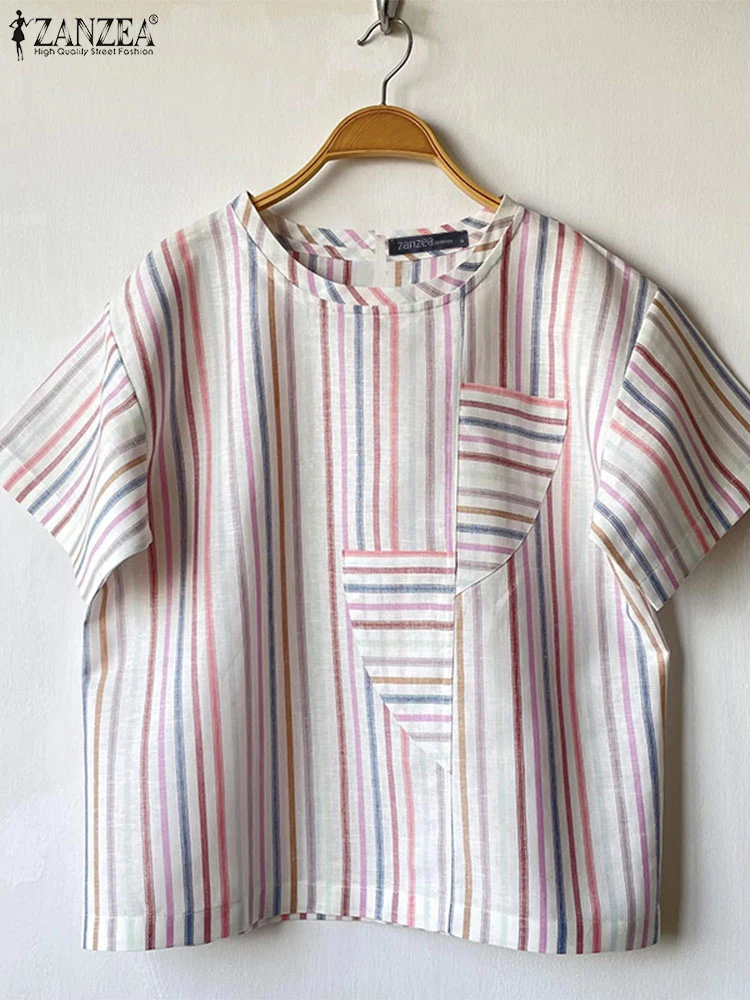 

ZANZEA Women Blouse Striped Print Tunic Tops 2025 Fashion Summer Short Sleeve Shirt Round Neck Casual Loose Vintage Blusas Femme