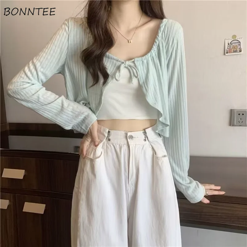 

Knitted Cardigans Women Summer Thin Sun-proof Solid All-match Lace Up Design Long-sleeve Tender Loose Casual Crop Korean Style