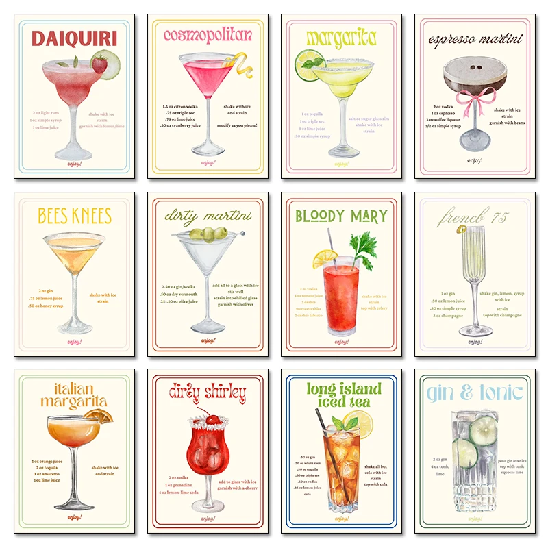 Retro Minimalist Classic Cocktails Martini Mojito Margarita Alcohol Poster Canvas Painting Wall Art Pictures Home Room Bar Decor