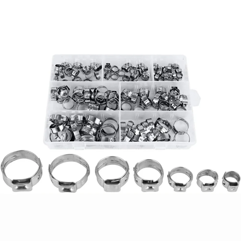 130PCS Stepless Single Ear Hose Clamps Set, 304 Stainless Steel Adjustable Pipe Clips Fuel Tube Fasteners Assortment with Box