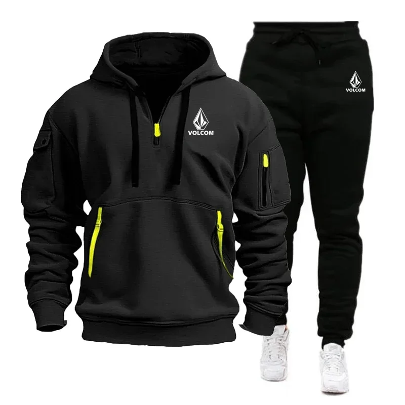 

New Men's Multi-pocket Hooded Long-sleeved Jogging Set, Autumn and Winter Casual Loose Sweatshirt and Long Pants Two-piece Set