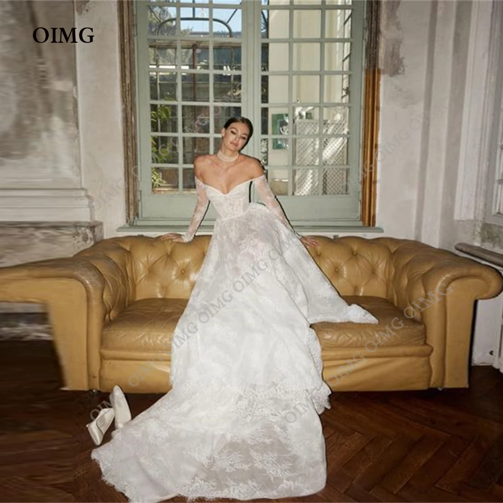 OIMG Modern Long A Line Lace Wedding Dresses Gowns Long Sleeves Off Shoulder Formal Pricness Bride Bridal Gown Dress Vestidos