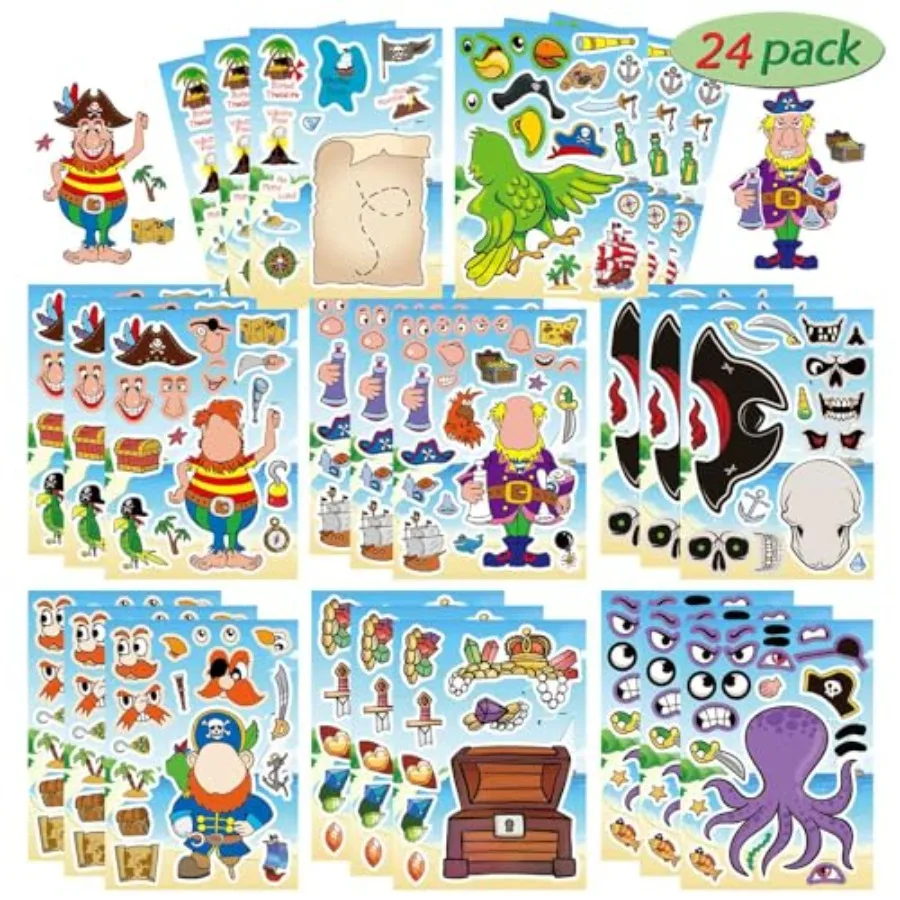 

24 Sheets Pirate Stickers for Pirate Themed Party Decorations Skull and Crossbones Stickers Make-a-Face Stickers Jolly Roger St