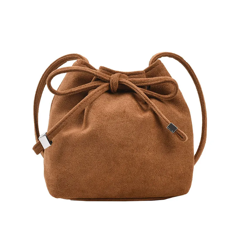 Bow Design Suede Crossbody Bag Autumn Winter Women New Vintage Brown Simple Mini Bucket Bag Soft Leather Drawstring Phone Bag