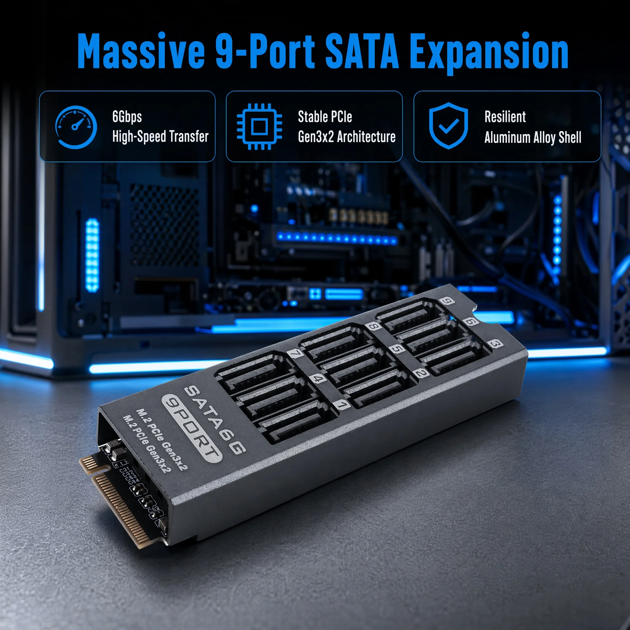 M.2 PCIe NVMe M-Key 9-Port SATA 6Gbps Expansion Card NAS Hard Drive Adapter Aluminum Alloy Shell