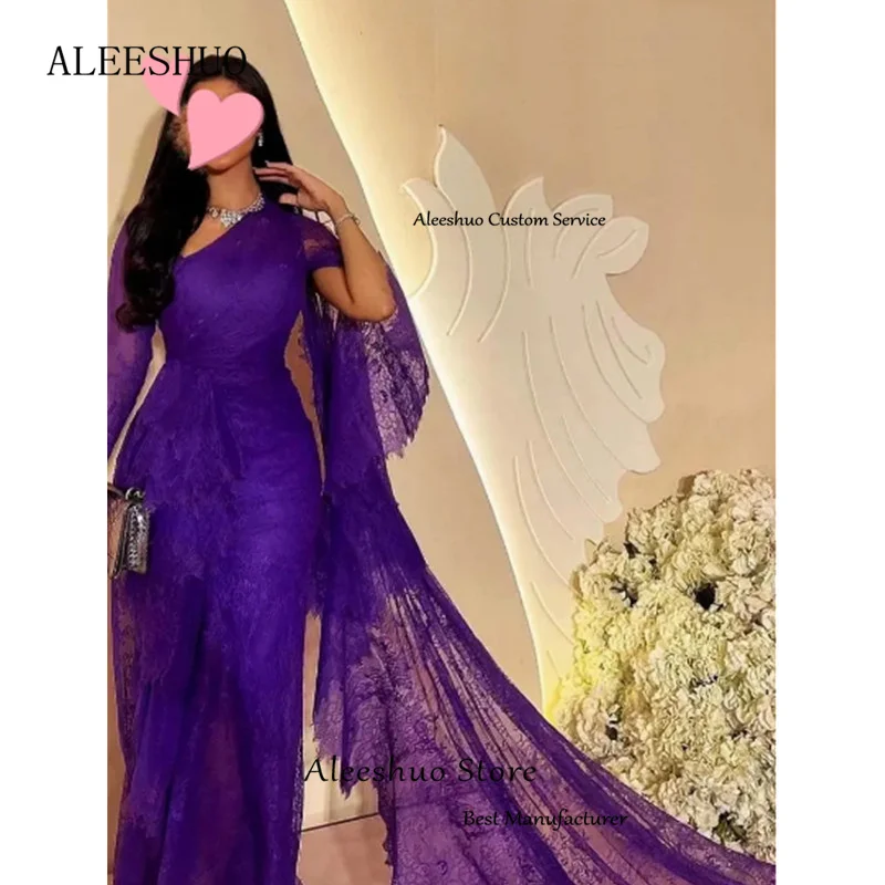 Aleeshuo-vestido de fiesta púrpura clásico para mujer, Vestidos de Noche de manga larga, vestido de ilusión de encaje, vestidos de sirena elegantes, baile de graduación