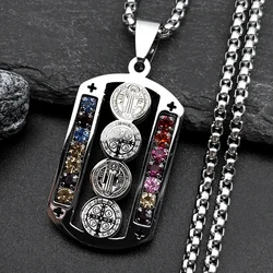Stainless Steel Mix Color Crystal Saint Benedict Pendant Necklace Silver Color Christian Necklaces Jewelry San Benito N6571SR