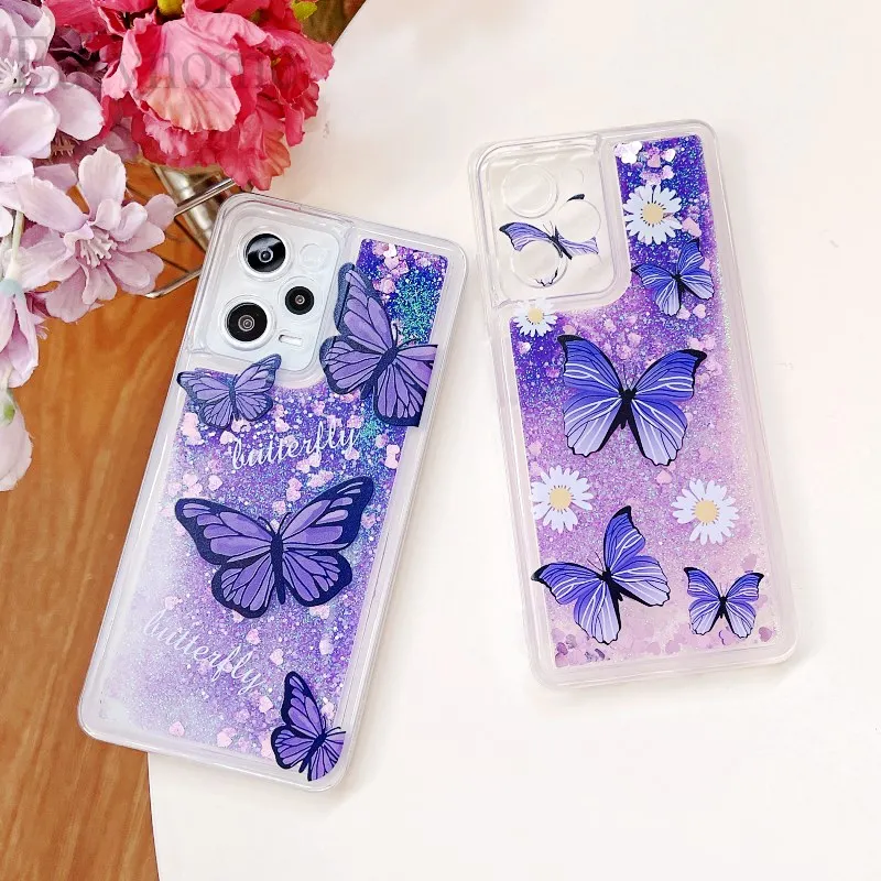 Bling Quicksand Case For Xiaomi Mi 13T 12T 11T 10T 14 13 Lite Redmi Note 12 Pro Pink Flower Butterfly Clear Liquid Glitter Cover