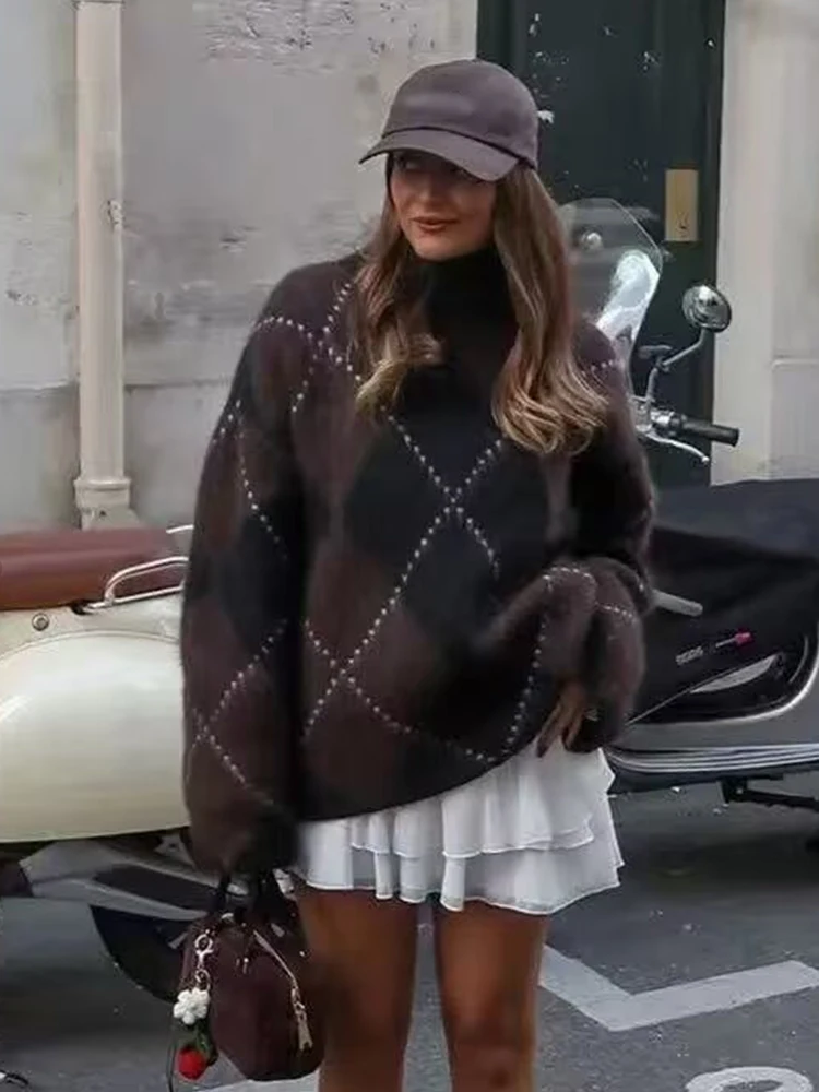 HH المرأة عالية الياقة طويلة الأكمام منقوشة الخريف بلوفر مغزول + أنيقة عالية الخصر الشارع نمط تنورة صغيرة تنورة دعوى Mujer