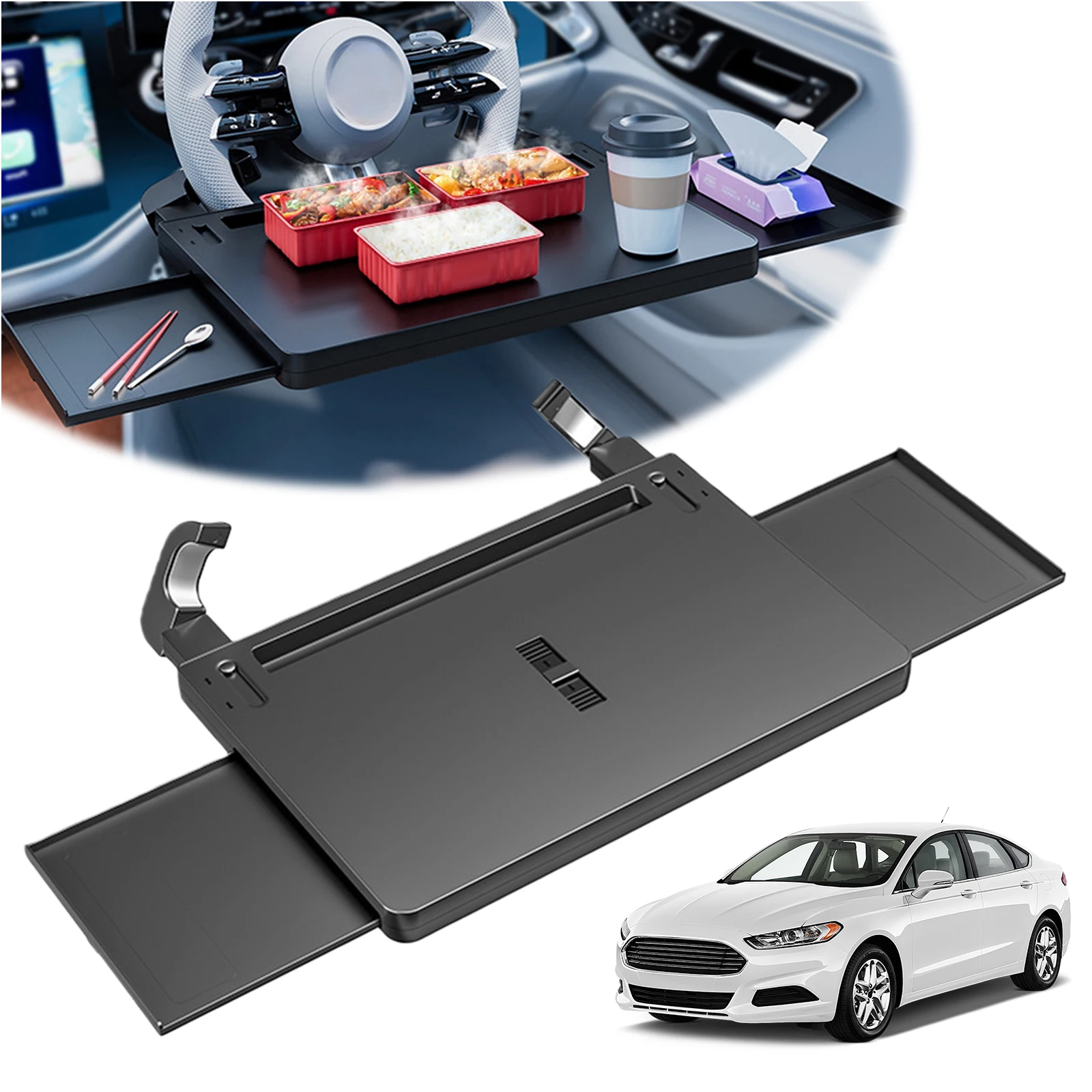 

Car Steering Wheel Tray with Dual Slide-Out Trays Car Steering Wheel Desk Adjustable Food Table for Car for Eating Food Drink