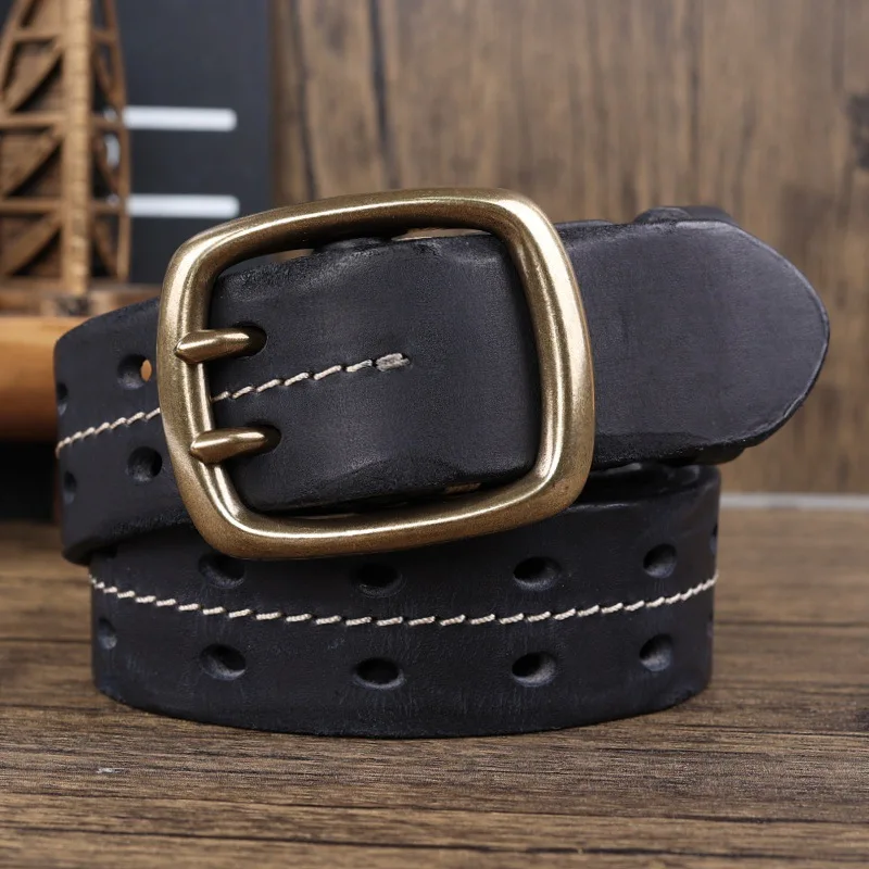 Retro personality youth belt double needle copper buckle men's genuine leather belt first layer cowhide stitching outdoor men's