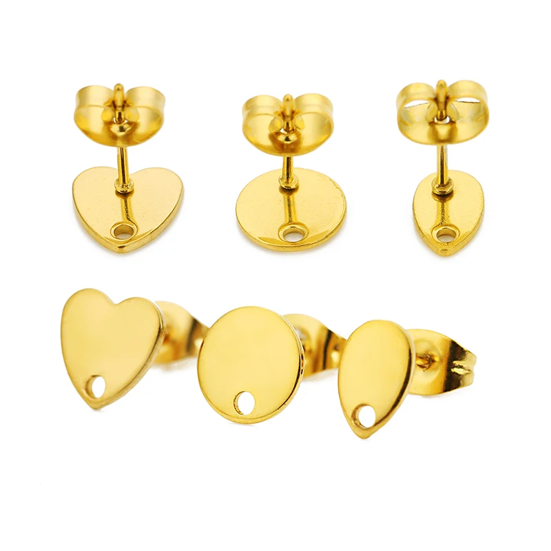 

10pcs Gold Stainless Steel Love Heart Ear Studs for DIY Earrings Base Jewelry Making Hole Dangle Charm Components Accessories