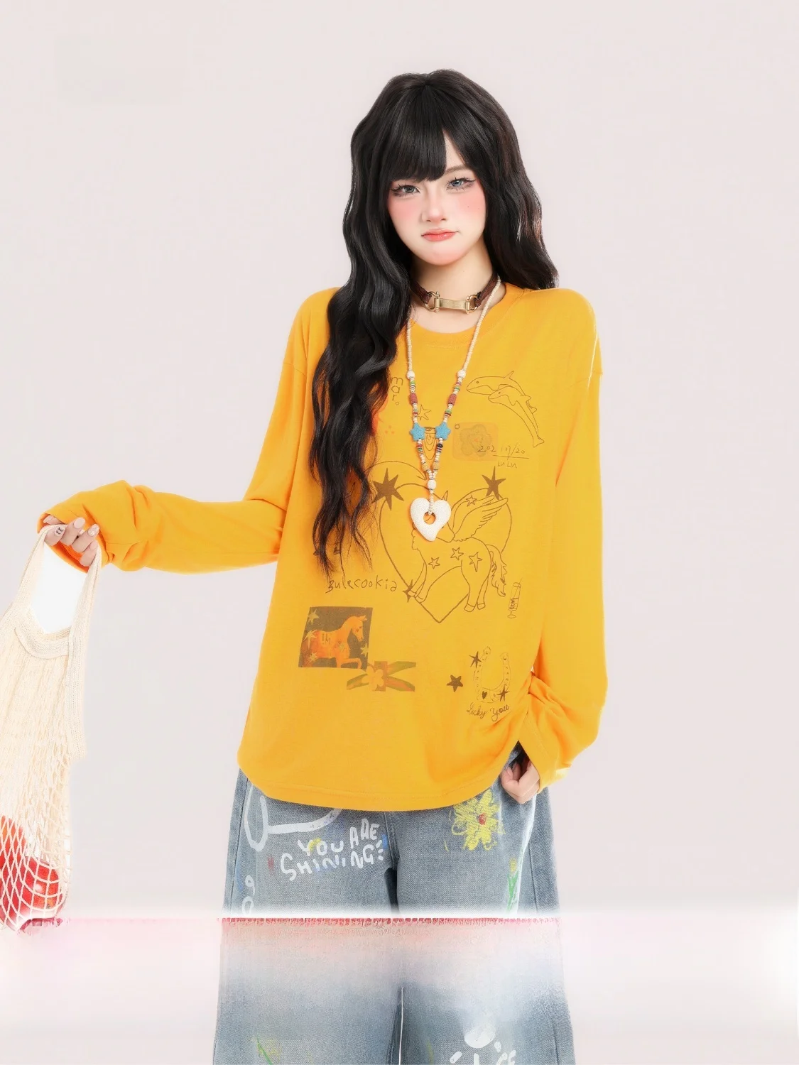 

Женская футболка HM American Retro fiti с принтом и длинными рукавами, весенний дизайн, свободный крой, универсальный топ, повседневная хлопковая одежда