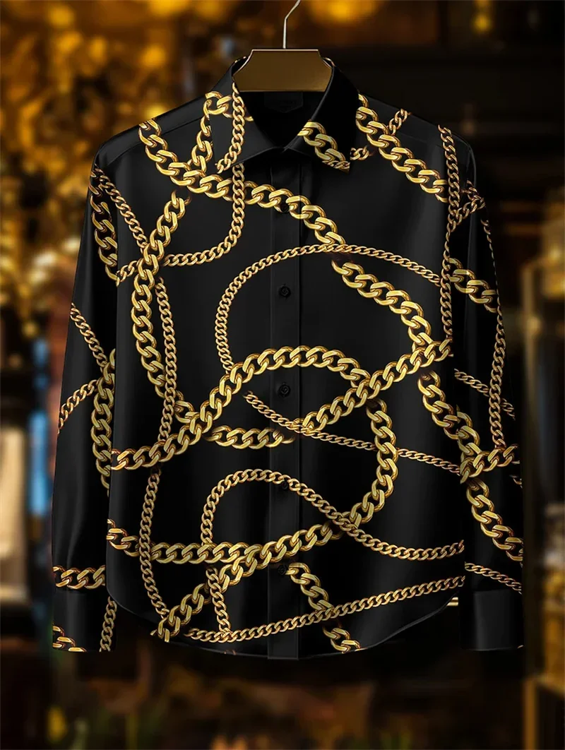 

Hawaiian Long Sleeve Shirt 3D Chain Printed Lapel Shirt Men's Dark Rose Fashion Shirt Geometric Beach Shirt Luxury Men Clothing