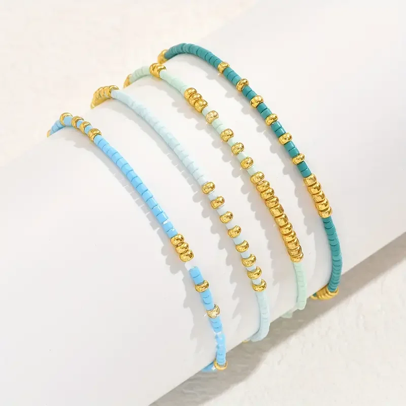 4 PCS Turquoise Color Seedbeads Stretch Bracelet Set Bohemia Gold Color Glassbeads Elastic Handmade Girls Vacation Jewelry