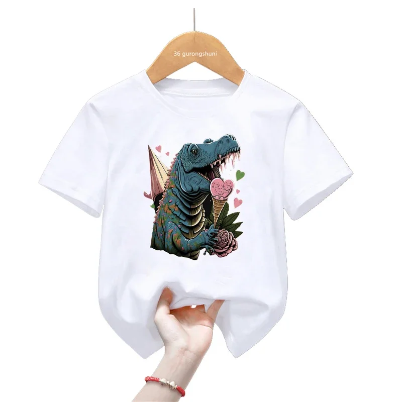 

Jurassic Dinosaurs Eating Ice Cream Print T Shirt For Girls/Boys Funny Stegosaurus Kids Clothes Harajuku Summer Fashion T-Shirt