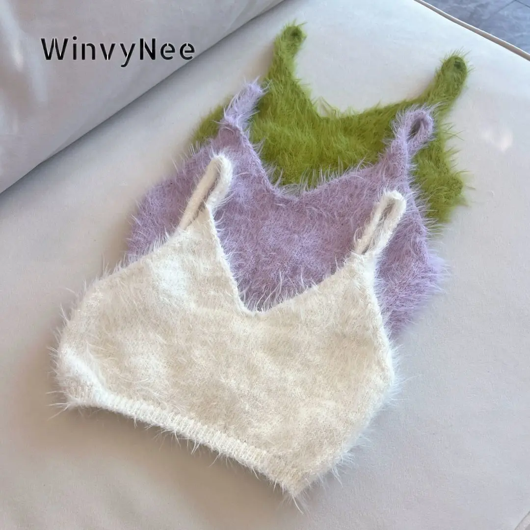 Women's Soft Fluffy V-Neck Knit Tank Top - Sleeveless Streetwear