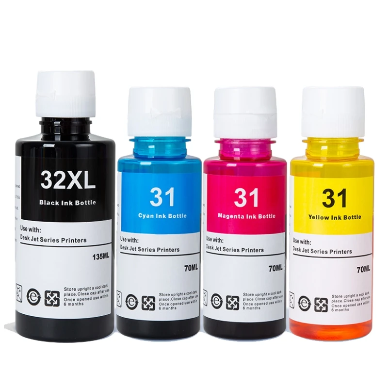 31 32XL عبوة صبغ الحبر متوافق مع HP 7301 6001 7602 5101 7001 551 651 455 457 450 طابعة 4 لون عبوة زجاجة ماء الحبر