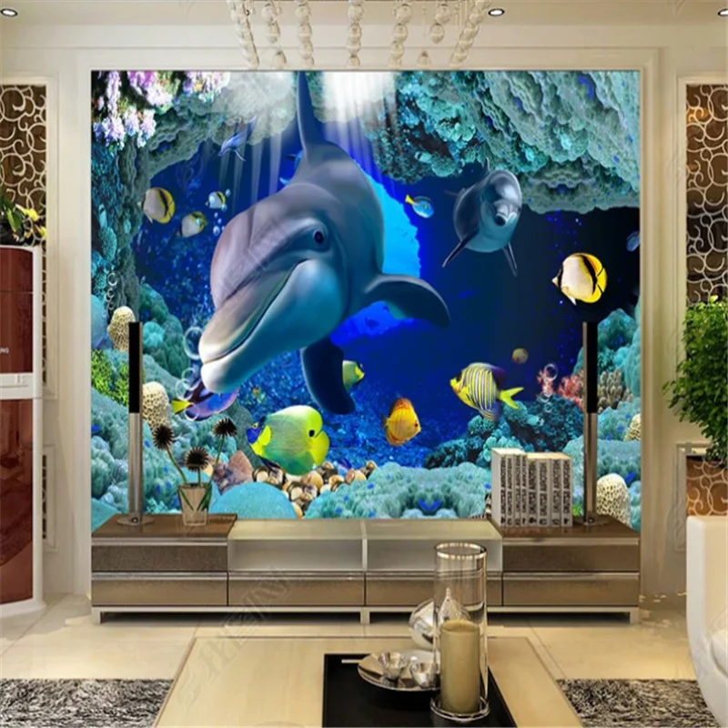 Modern Underwater World Dolphin Mural Wallpaper For Living Room Fish School TV Background Wall Paper Home Decor papel de parede