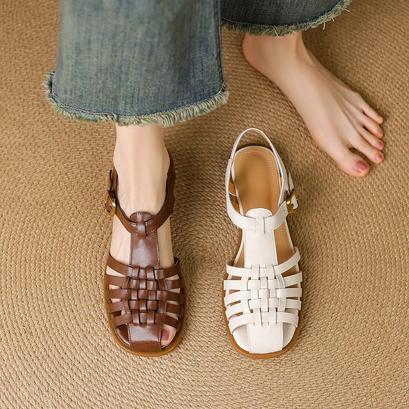 

Gladiator Sandals Women Cow Leather Woven Roman Flats Cover Toe Buckle Strap Summer Beach Ladies Casual Shoes