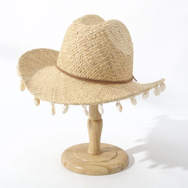 Shell Decor Straw Cowboy Hat Women Summer Seaside Woven Beach Hat Western Style Outdoor Anti UV Sun Protection Cap