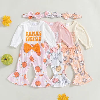 2024-07-04 Lioraitiin Baby Meisjes Halloween Outfits Brief Print Lange Mouw Romper En Pompoen Print Uitlopende Broek Hoofdband Set