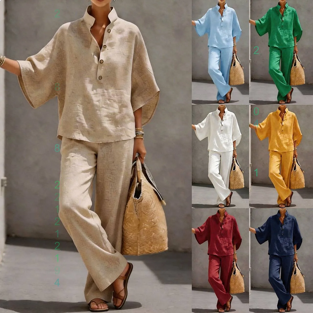 

Pure Cotton Linen Shirt Blouse Top Pants Matching Set Spring Summer