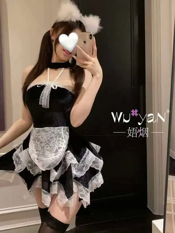 مثير الرغبة النقية موحدة مثير خادمة كعكة اللباس الذيل الدانتيل الكنغر جيب عارية الذراعين العميق الخامس معلقة الرقبة أكمام اللباس لطيف U9LI