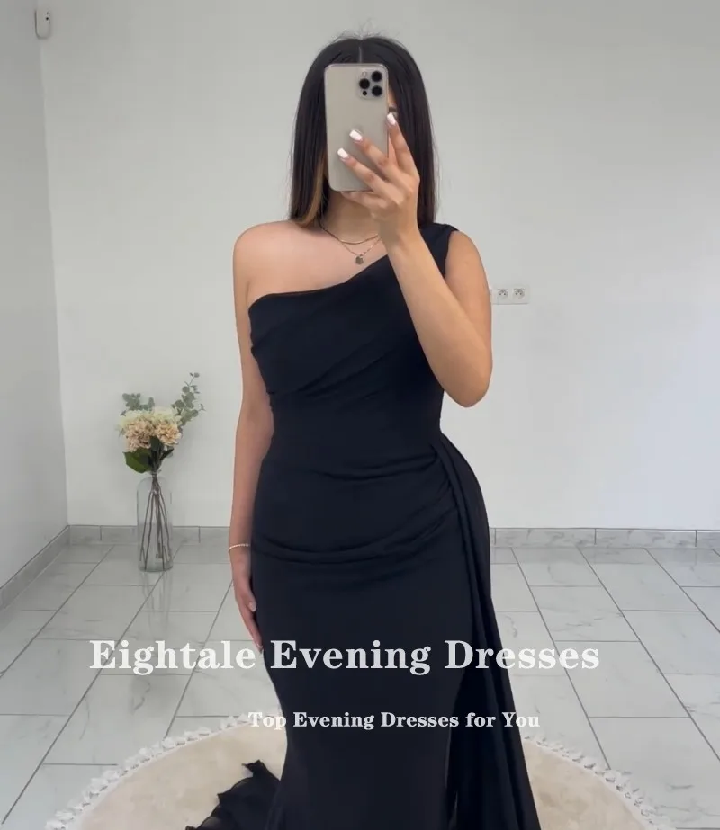 Eightale-vestido De noche plisado De sirena, traje negro De un hombro, hecho a medida, De gasa, para fiesta De boda