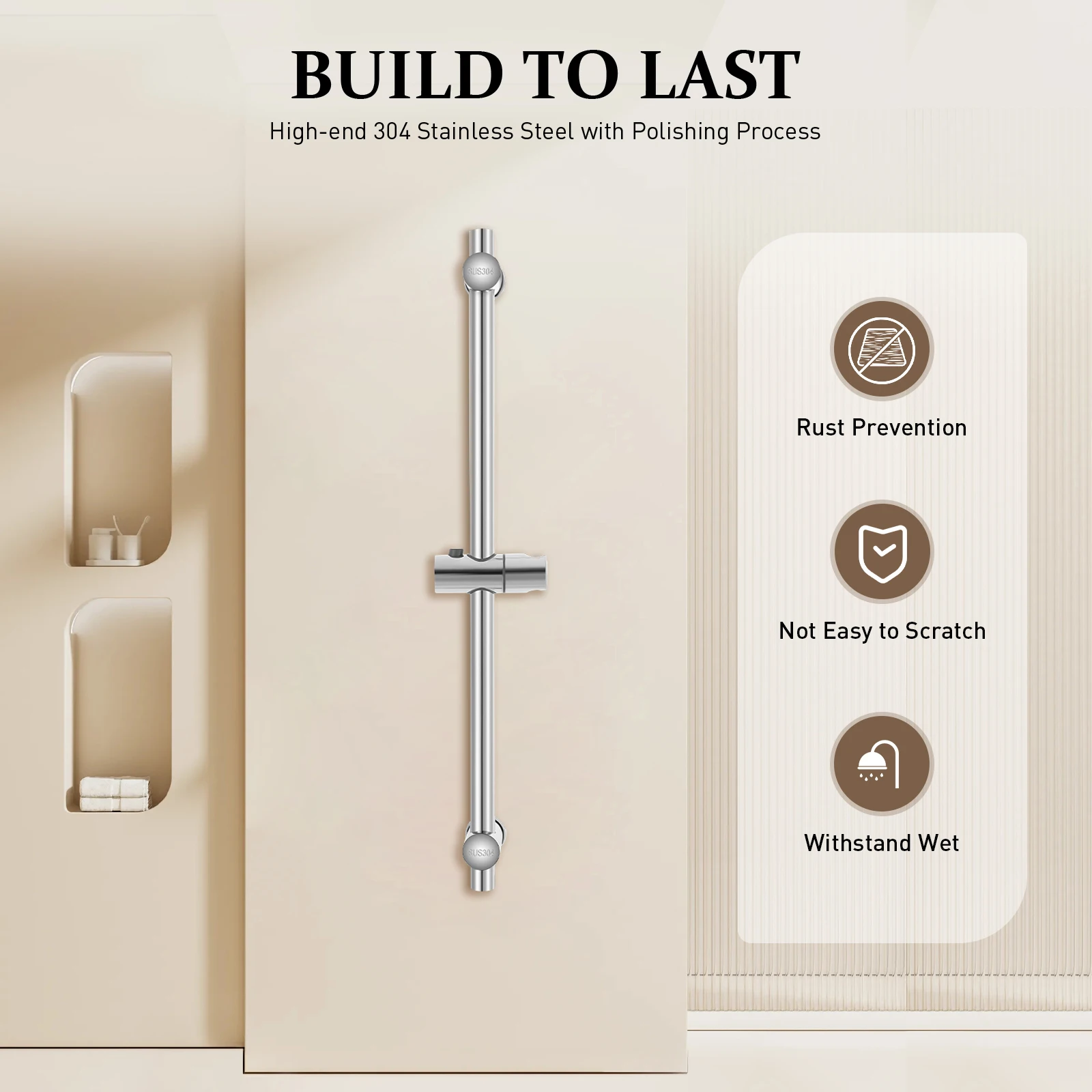 Modern Shower Slider Riser Rail Bar Kit supporto per tubo flessibile regolabile 66 cm, acciaio inossidabile 304, 25,98 pollici