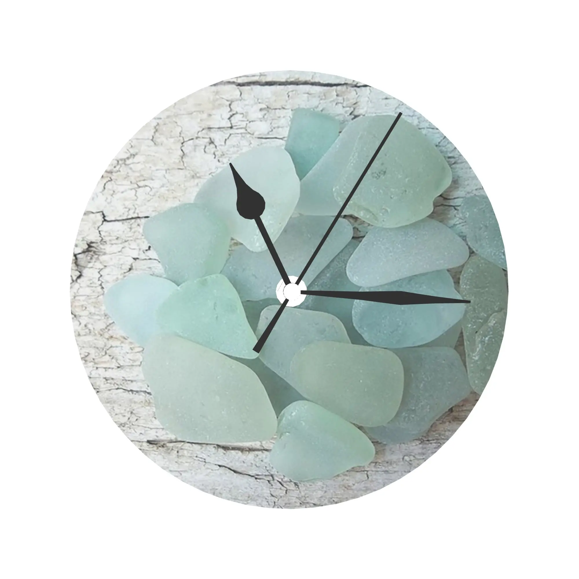 Sea Foam Sea Glass on Weathered Wood Pale Turquoise Wall Clock Room Decoration Silent Round Clock for Bedroom Living Kitchen