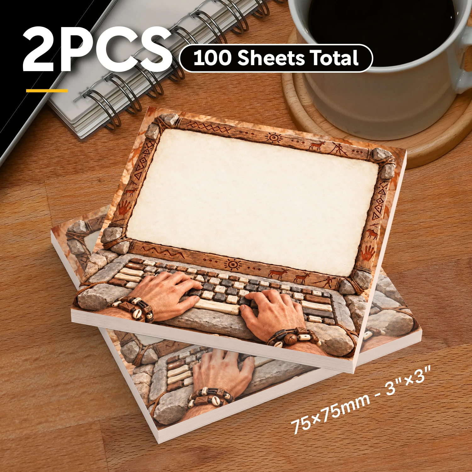 2PCS Prehistoric Computer Sticky Notes 100 Sheets Stone Age Laptop Caveman Keyboard Funny Memo Pads Office School Stationery
