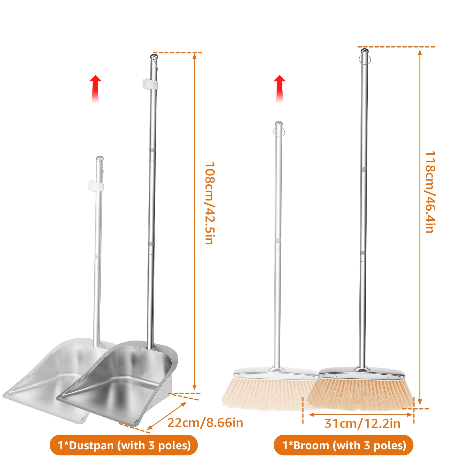 Broom and Dustpan Set Long Handle Upright Stainless Steel Dustpan Broom Set Portable Household Cleaning Tools for Home Office