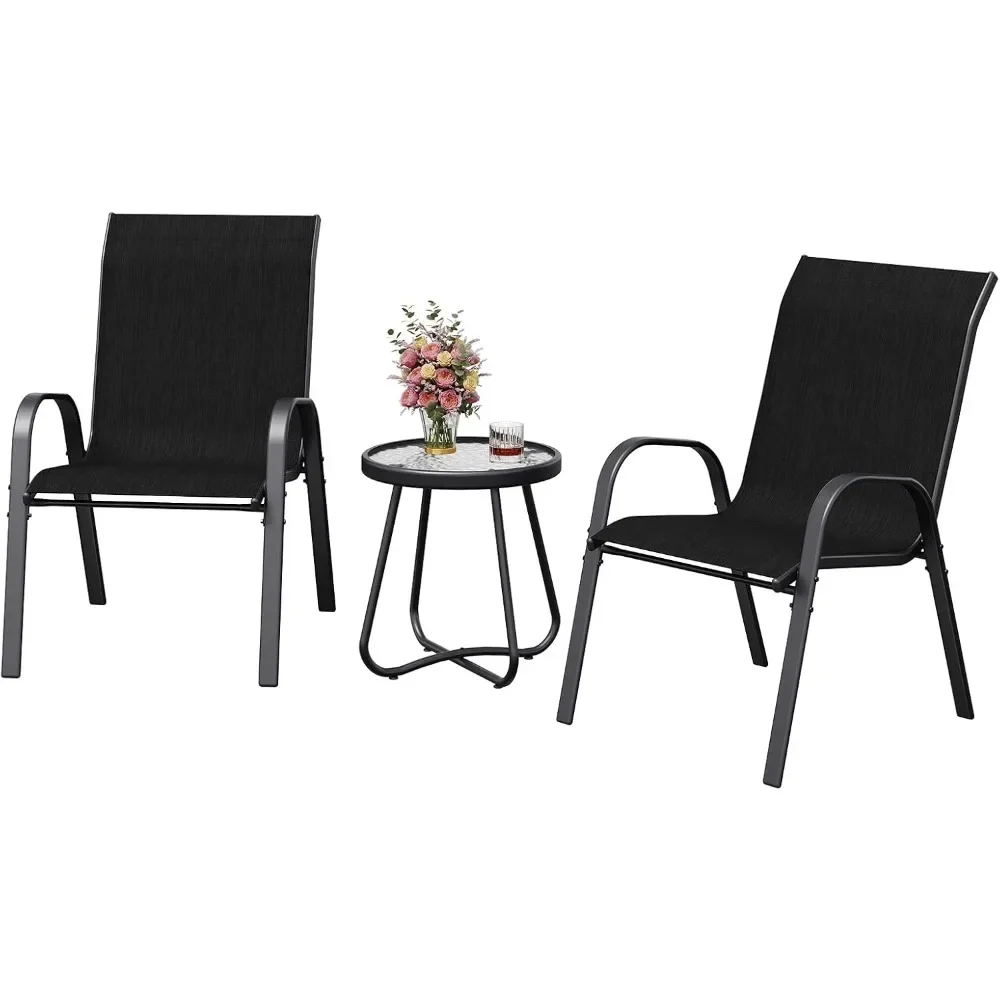 3 Piece Patio Set, Outdoor Stackable Dinging Chairs for All Weather, Breathable Garden Outdoor Furniture for Backyard Deck,Black