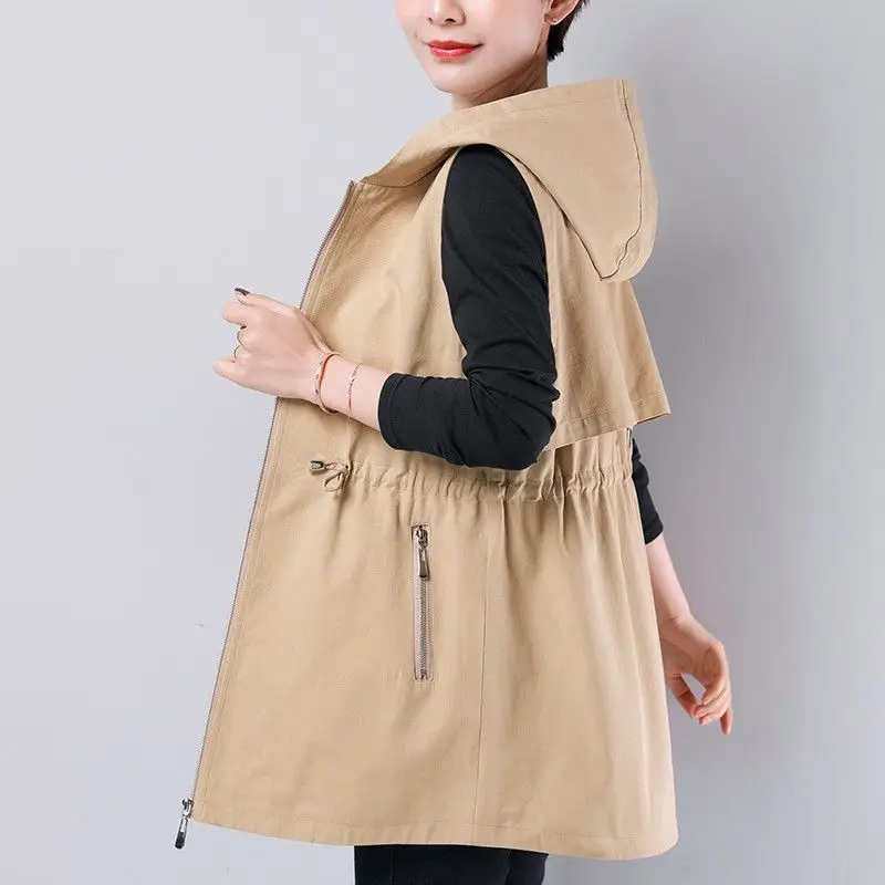 

2023 New Spring Autumn Vest Jacket Women Med Long Vest Coats Female Vests Waistcoat Outwear Middle aged Loose Hooded Casual Tops