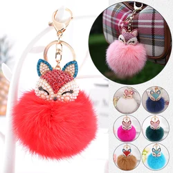 Super Cute Rhinestone Fox Head Fur Ball Keychain Fluffy Pompom Couple Keychain Car Key Ring Decor Bag Pendant Girls Women's Gift