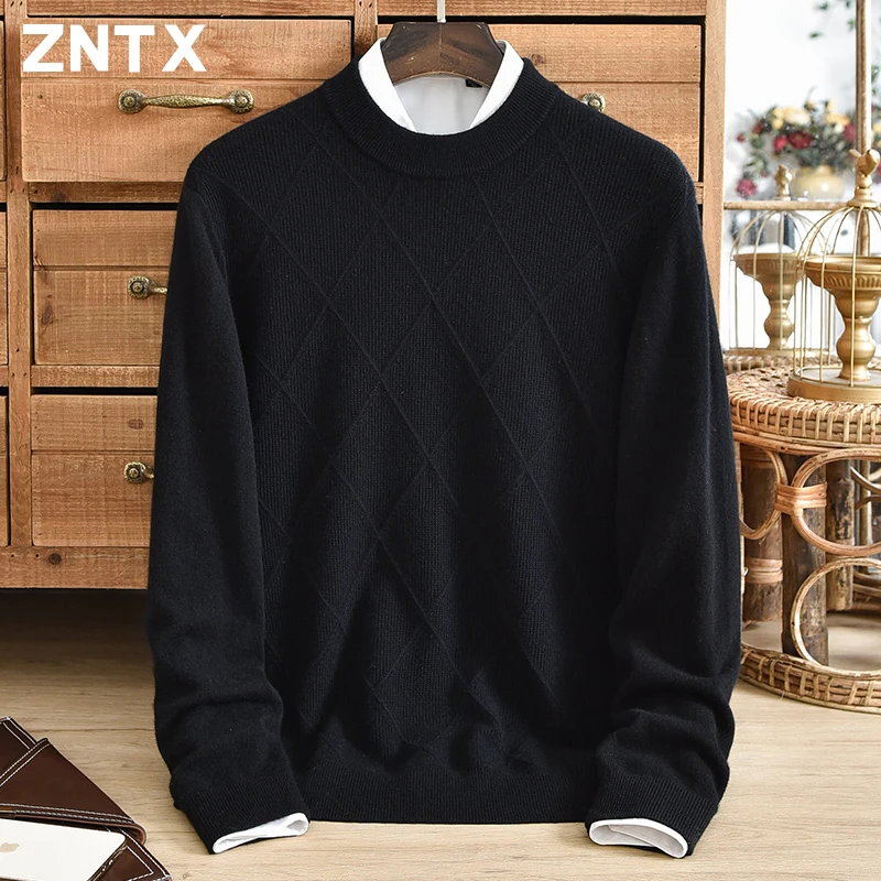 ZNTX New semi high neck pure cashmere sweater for men's winter warmth, diamond shaped new jacquard striped knitted casual