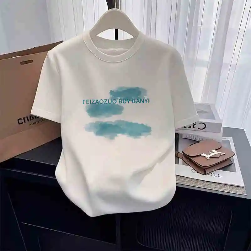 White Printed Cotton Short Sleeve T-shirt for Women's New Summer Casual Versatile Loose Top Korean Harajuku Style Couple Tees