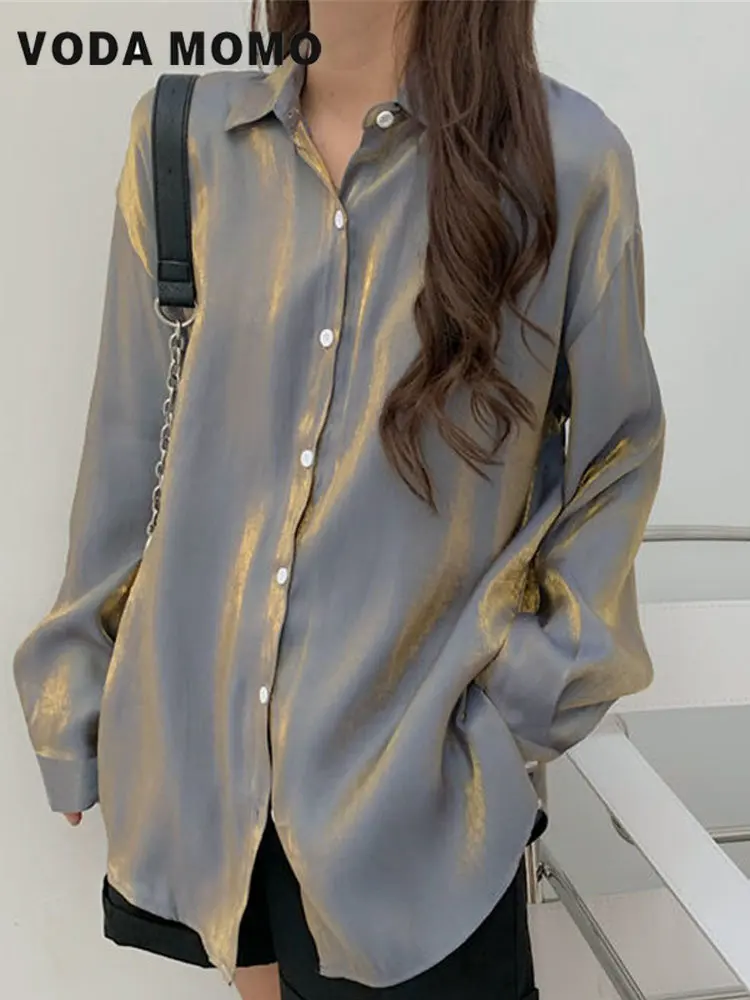 Spring Summer Korean Elegant Women ShinyBlouses Tops Long Sleeved Silk Shirts Gradient Shirts Loose Glossy Shirts Languid Wind