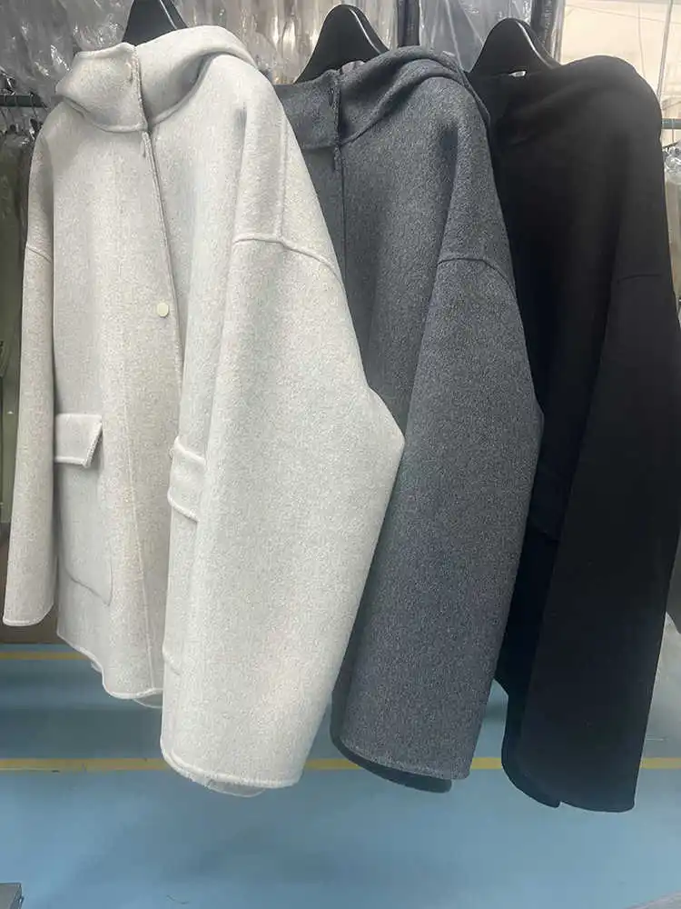

Solid Luxury Mulberry Silk New Double-sided Wool Coat Women Short Hooded High Quality Wool Warm Jacket Fashion Fit Autumn Winter