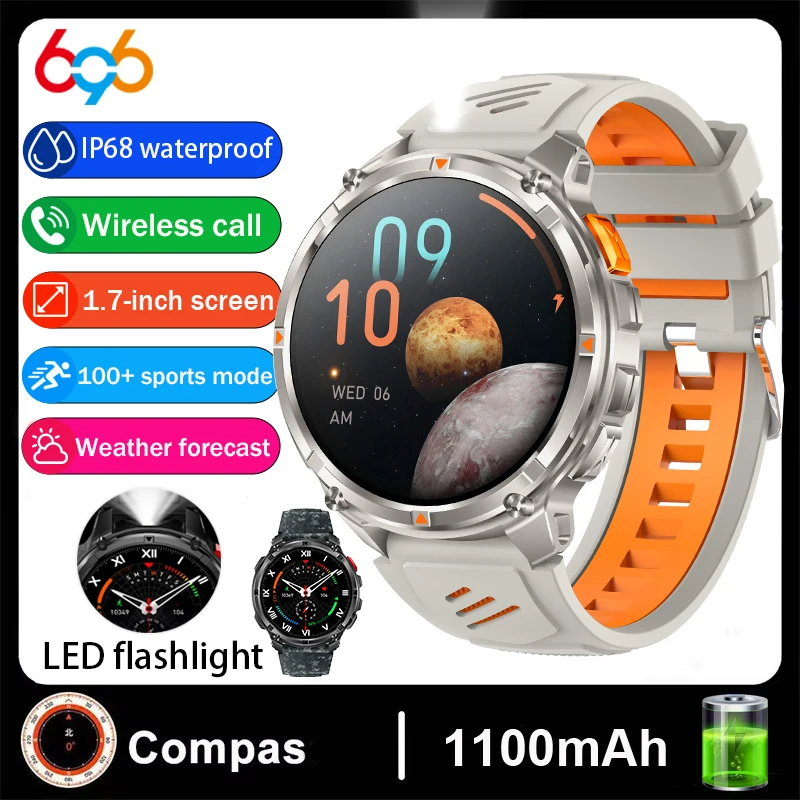 

Smartwatch 1.7-inch 1100mAh Battery Outdoor Smart Watch Men Women LED Flashlight BT Call Sport Compass Health Monitor Waterproof